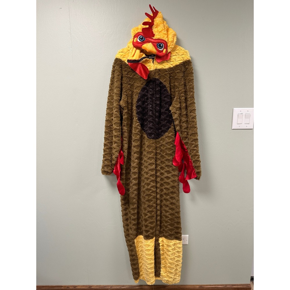 Briefly Stated Chicken Costume Adult XL Plush Rooster Jumpsuit Brown Yellow